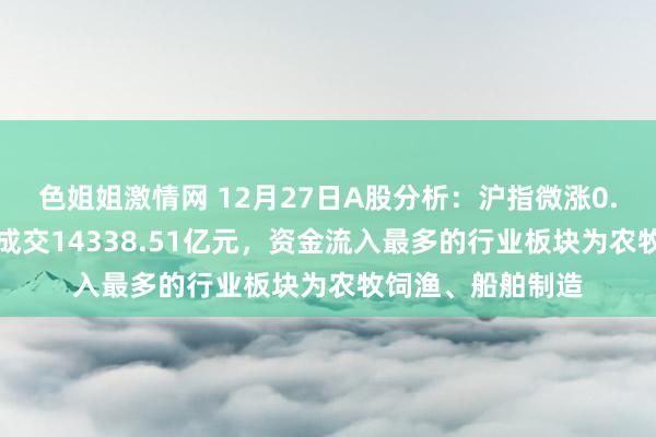 色姐姐激情网 12月27日A股分析：沪指微涨0.06%，两市总共成交14338.51亿元，资金流入最多的行业板块为农牧饲渔、船舶制造